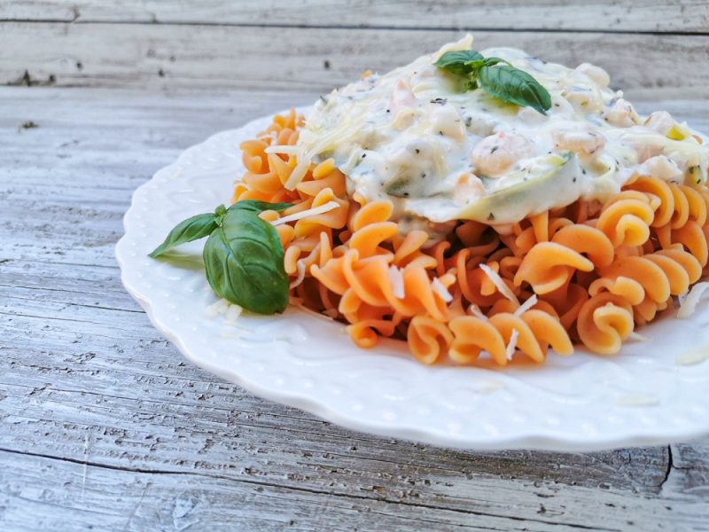 SPIRALI DI LENTICCHIE ROSSE CON GAMBERI